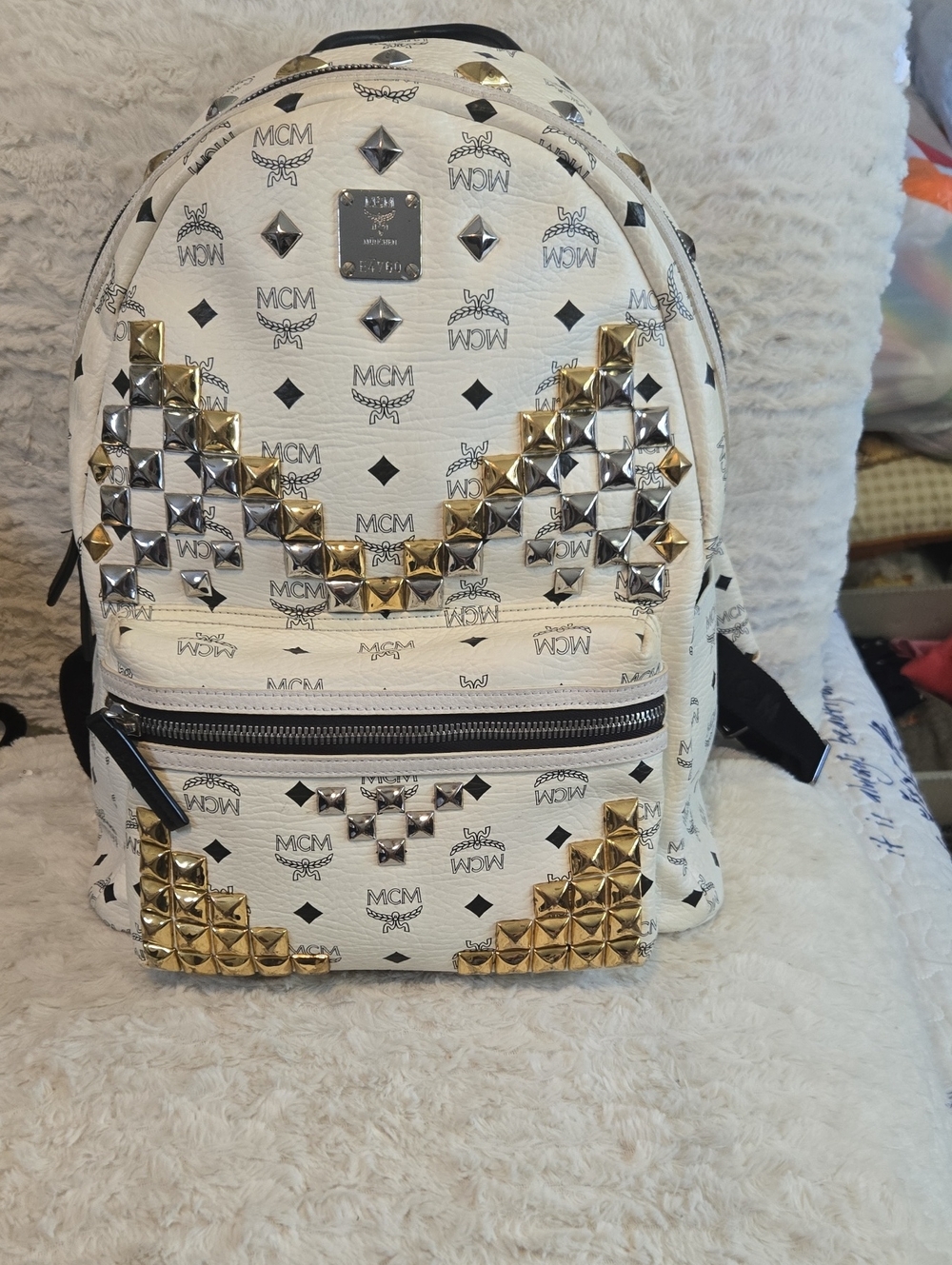 MCM White Logo Backpack with Gold & Silver Pyramid Studs Huge Bag Like New